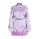 spring Women Dress Feathers Patchwork Long Sleeves Shirt Dresses Black Purple Vintage Sexy Autumn Women