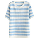 Tee For Women Clothing Hollow Out Tops Sweet Stripe Short Sleeve Thin Ice Silk Knitting Tee