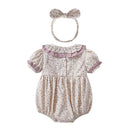 Newborn Babies Spring Fall Jumpsuits Kids Floral Smocking Rompers with Head-wear Baby Girls Smocked Casual Soft