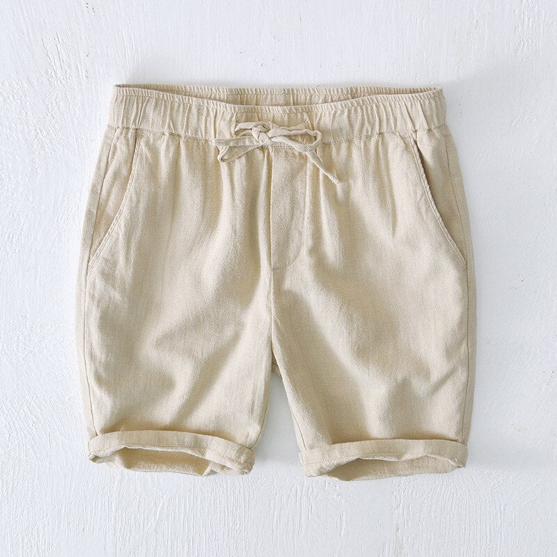 Summer Men Shorts Elastic Waist Drawstring Solid Simple Beach Cotton Linen Male Outfit