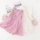 Summer Teenager Floral White Sleeveless Lace Mesh Ball Gown Dress With Bag For Kids Baby Girl