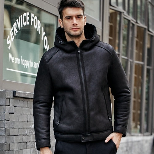 Shearling Coat Men Genuine Leather Jacket Men Winter Real Sheep Skin Hooded Clothes