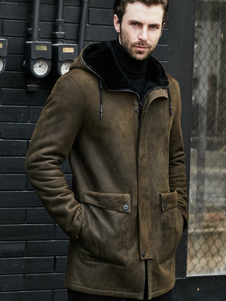 Winter Fur One Men Clothing Original Genuine Leather Men Real Coat Long Hooded Overcoat