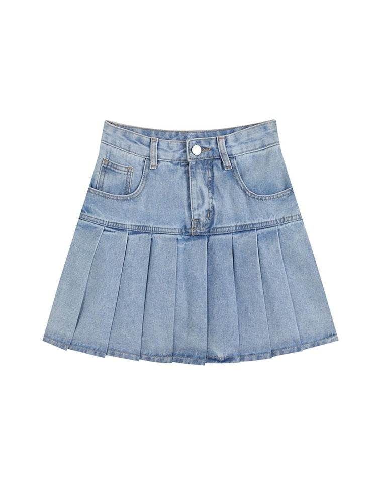 Women Punk Denim Mini Pleated Skirt Ladies Summer Vintage High Waist Ruffles Jean Skirts