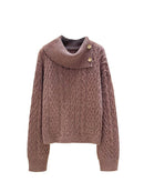 Knitting Pullovers Sweater Buckle Elegant Simple Style Lapel Long Sleeve Women Spring