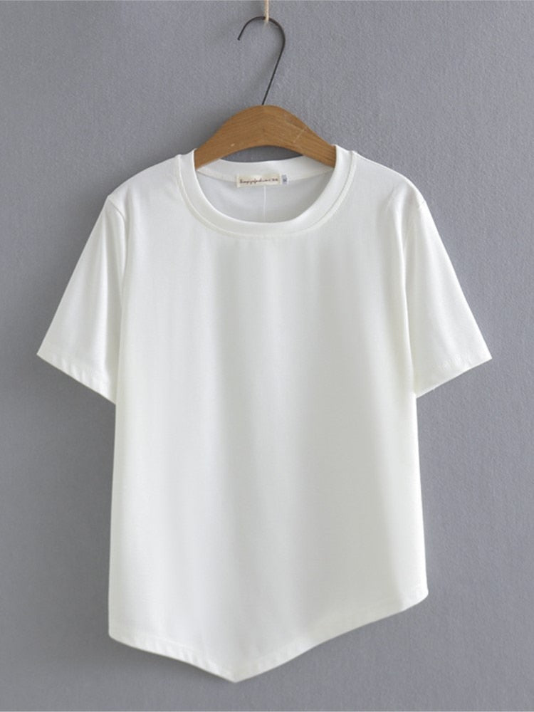 T Shirt Women Clothing Femme Tops Summer Casual O-Neck Short Sleeve Asymmetrical Length Solid Tees