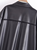 England Lace Splicing Black Leather Shirt Casual Blouse Women