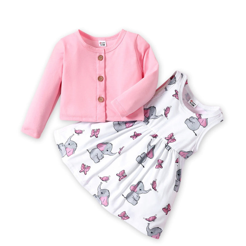 Baby Girl Clothing Set Pink Long-sleeve Cardigan with Cartoon Elephant and Butterfly Sleeveless Dress Set