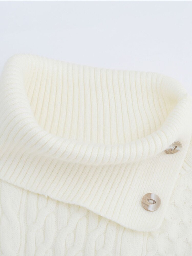Knitting Pullovers Sweater Buckle Elegant Simple Style Lapel Long Sleeve Women Spring