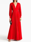 Women Elegant Maxi Dress Pleated Backless Solid New V Neck Long Sleeve Evening Party Dresses Summer
