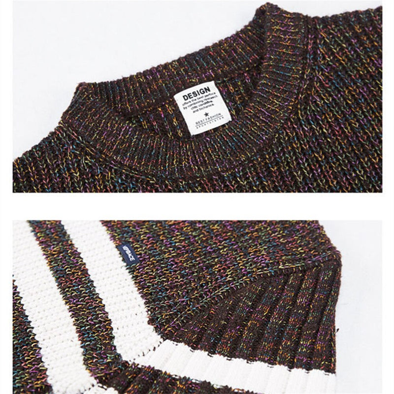 Men Vintage Knit Sweater Spring and Autumn Fashion Striped Patchwork Top Casual  Pullover Sweaters Men Clothing