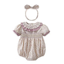 Newborn Babies Spring Fall Jumpsuits Kids Floral Smocking Rompers with Head-wear Baby Girls Smocked Casual Soft