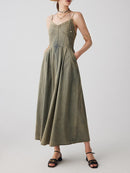 Denim Denim Long Dresses For Women Square Sleeveless High Waist Spliced Pockets Vintage Casual Dress Female Style