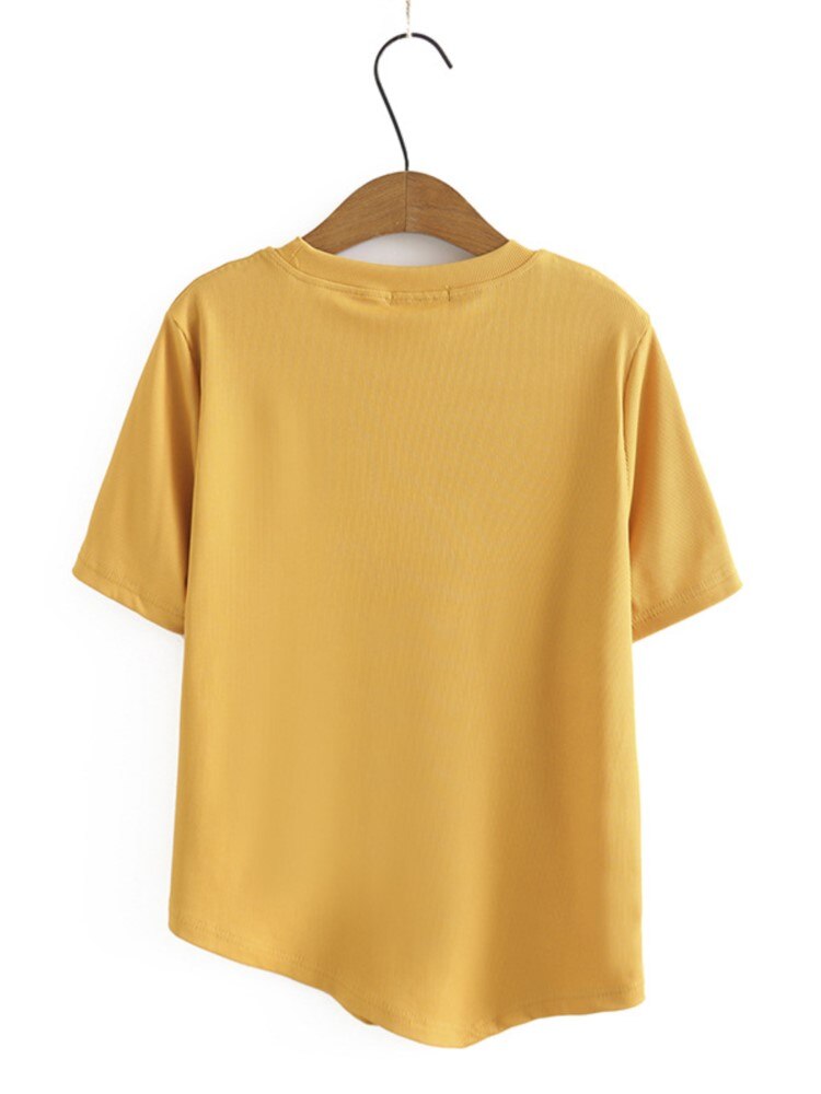 T Shirt Women Clothing Femme Tops Summer Casual O-Neck Short Sleeve Asymmetrical Length Solid Tees