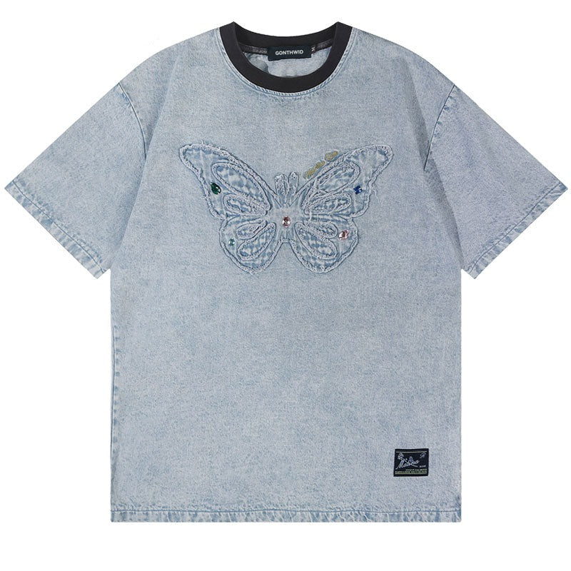 Denim T Shirt Streetwear Embroidery Butterfly T-shirt Men Jeans Tee Shirts Top