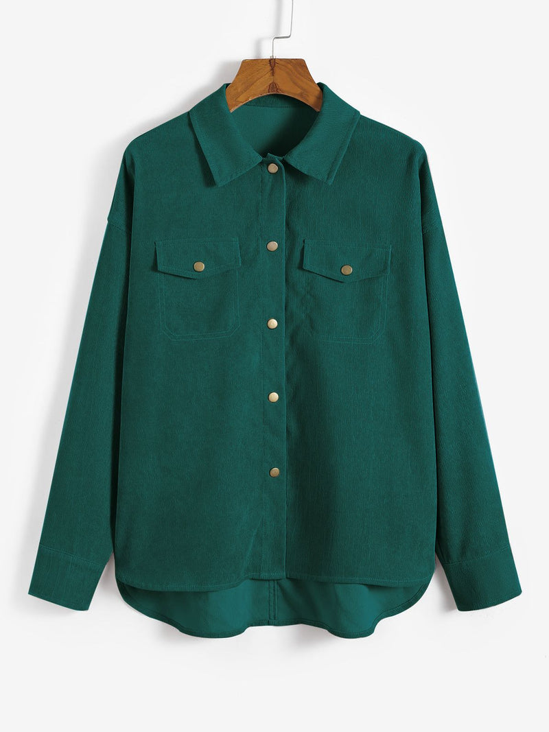 High Low Flap Details Corduroy Shacket Female Long Sleeve Single Breasted Shirt Jacket Spring