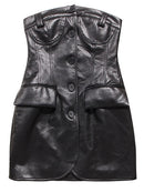 Women Leather Hollow Out Cool Blazer Dress Lapel Long Sleeve Loose Fit Spring Autumn