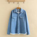 Women Clothing Denim Jacket Full Sleeve Cotton Turn-down Collar VINTAGE Pockets Solid STANDARD Tassel Coats