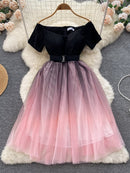 Women Elegant Off The Shoulder Party Dress Summer Casual Short Sleeve High Waisted A A Line Sexy Mesh Long Robe