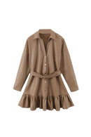 Spring and winter turn-down collar full sleeve leather khaki high waist belt single breasted dress
