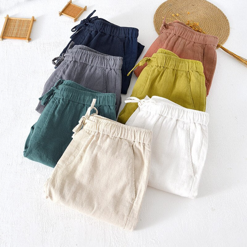 Summer Men Shorts Elastic Waist Drawstring Solid Simple Beach Cotton Linen Male Outfit