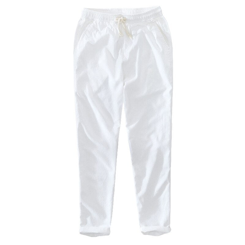 Summer Men Solid Simple Casual Thin Natural Cotton Linen Pants Elastic Waist Drawstring White Beach Trousers