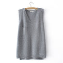 Women Navy Blue Sweater Vest LOOSE High Stretch Long Pullover Solid V-Neck Asymmetrical Length Pocket Curve Jumper