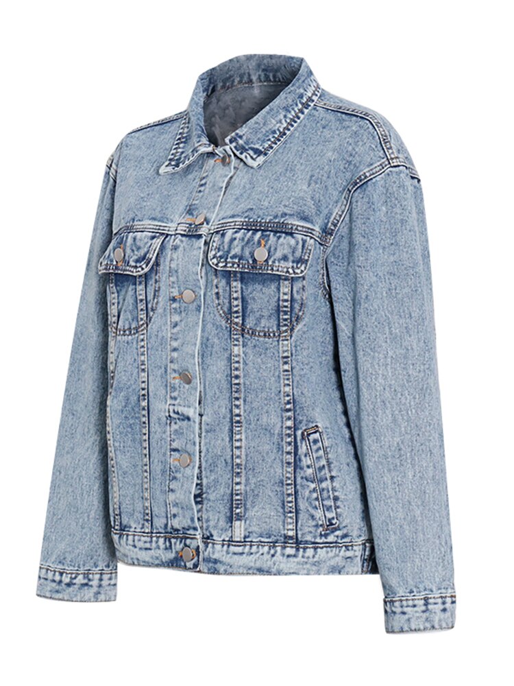 Streetwear Denim Jacket For Women Lapel Long Sleeve Patchwork Pockets Solid Single Breasted Jackets Female Clothing
