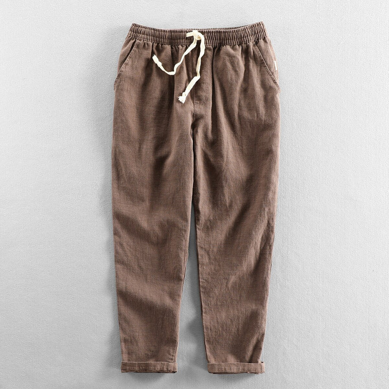 Summer Fall Elastic Waist Solid Men Versatile Cotton Linen Pants Simple Loose Basic Casual Ankle Length Trousers