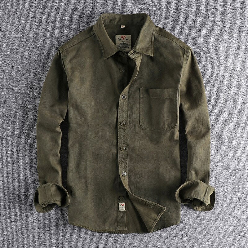 Twill Cotton Cargo Shirt For Men America Style Simple Casual Loose Overalls Blouse Pocket Long Sleeve Vintage Versatile Male Top