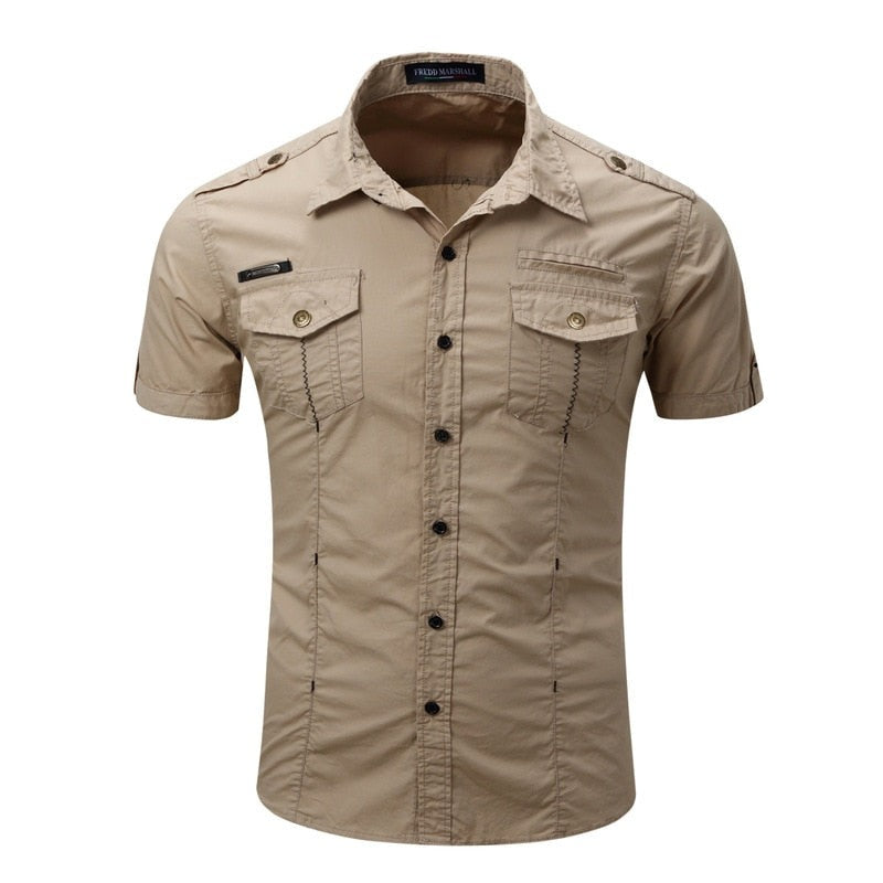 Summer Men Tactical Short Sleeve Shirt Outdoor Military Sports Cotton Shirt Men Casual Lapel Button Stitching Top