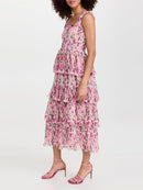 Camisole Floral Dress For Womem Square Collar Sleeveless High Waist Spliced Tierred Ruffles Midi Dresses Female Clothes