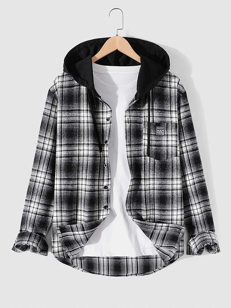 Men Shirts Long Sleeves Hooded with Pocket Flannel Plaid Shacket Shirt Casual Streetwear Fall Overshirt Tops