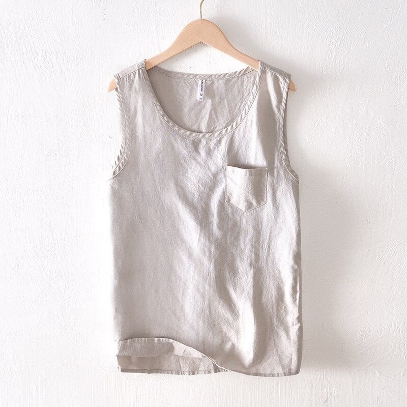 Summer Vintage Sleeveless Men Cotton Linen Thin Vest Gym Workout Waistcoat Outdoor Casual Tanks
