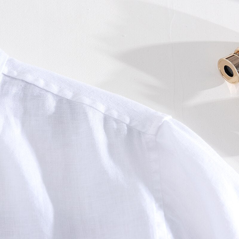 Pure Linen Summer Striped Shirts for Men Short Sleeve Patchwork Shirt Male