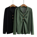 Sweater Woman Clothing Slim Fit High Stretch Jumper Solid Color V-Neck Fold Button Long Sleeve Pullover Autumn