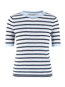 Luxury Knitted T-Shirt For Women Summer High Quality O-Neck Short Sleeve Blue Striped Casual Tops
