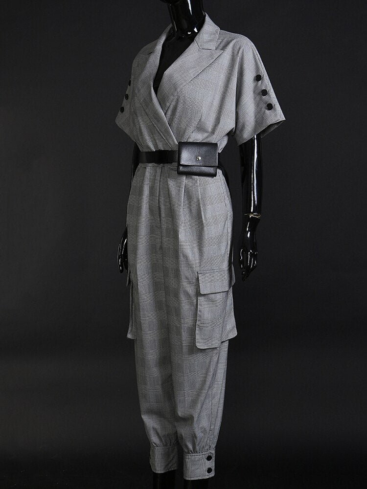 Loose Fit Women Pockets Plaid Belted Jumpsuit New High Waist Pocket Pants Tide Spring Autumn