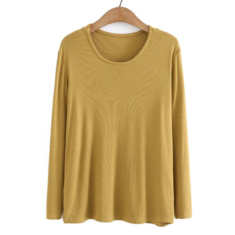 Autumn T-Shirt Women Clothing High Stretch Slim Fit Cotton Tops Basics O-Neck Long Sleeve Solid Tees