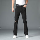 Men Four Seasons Mid-waist Micro-Flare Ripped Jeans High Quality Black Casual Pants