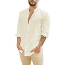 Men Long-Sleeved Shirts Summer Solid Stand-Up Collar Casual Beach Style