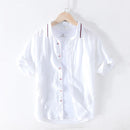 Pure Linen Summer Striped Shirts for Men Short Sleeve Patchwork Shirt Male