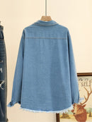 Women Clothing Denim Jacket Full Sleeve Cotton Turn-down Collar VINTAGE Pockets Solid STANDARD Tassel Coats
