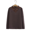 Women Autumn Winter Stand Collar Splice Lace Slim Tops Fleece Warm Long Sleeve Tees