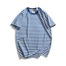 Men Short Sleeve Navy Striped Cotton T-shirt Summer O-neck Casual Loose Pullovers Tops Tees