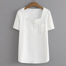 Women Summer Small Pocket With Square Collar Tees Short Sleeve Tops Oversized Curve Clothes