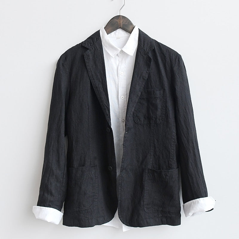 Autumn Casual Blazer Men Solid Suits Jackets Pure Linen Breathable Turn-down Collar Outerwear