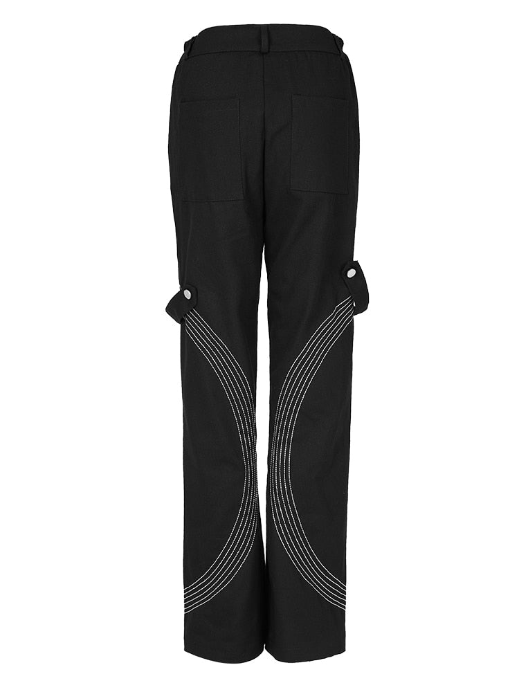 Taille haute noir broderie poches décontracté pantalons longs coupe ample pantalon femmes marée printemps automne