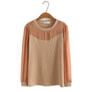 Autumn Tops For Women Cotton T-Shirt Casual Mesh Splice O-Neck Long Sleeve Curve Tees