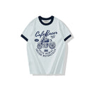 Summer Men Short Sleeved Casual Motorcycle Printed Cotton Round Neck Matching Collar T-Shirt